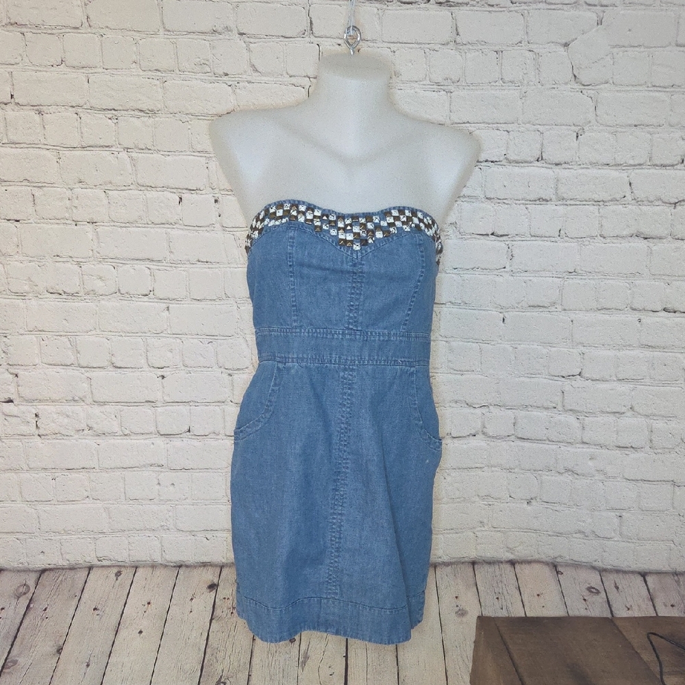 We The Free Denim Strapless Dress with Checkered Trim